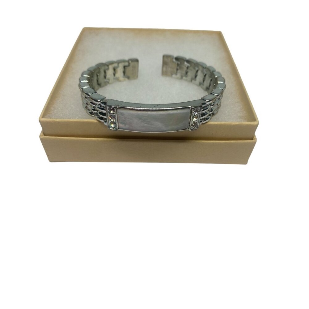 Vintage Monet Silver Tone Cuff Bracelet With Mother Of Pearl & Rhinestones